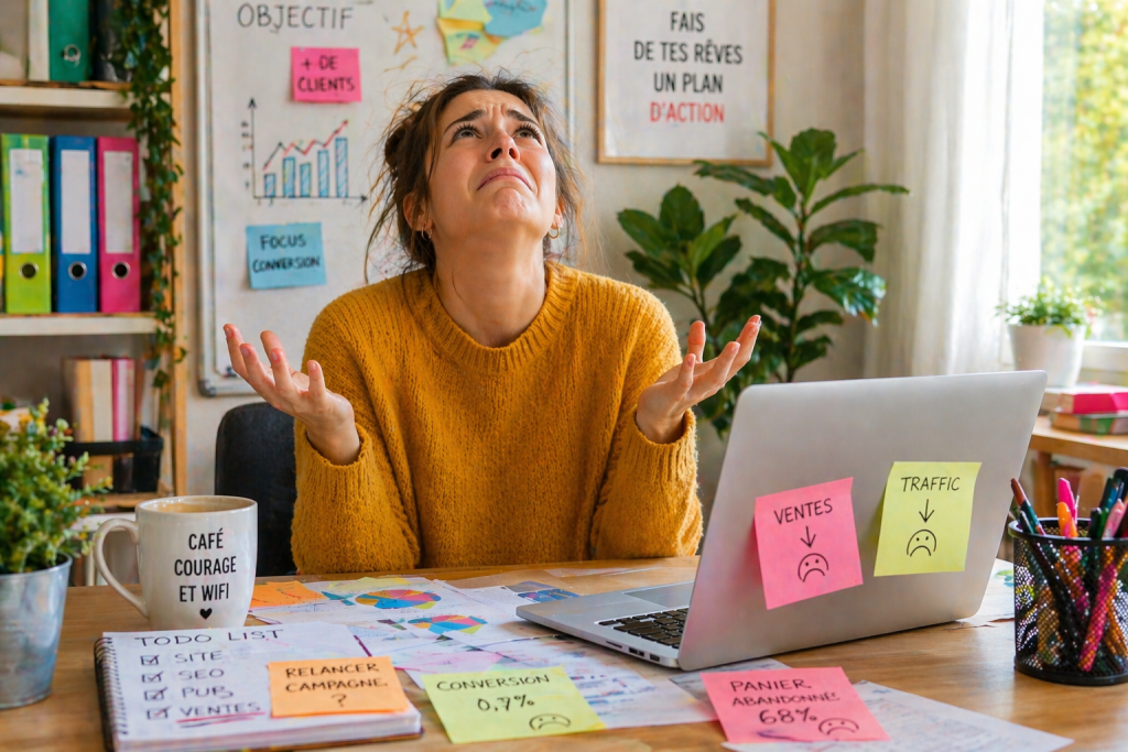 Femme désespérée devant son ordinateur face à un site e-commerce qui ne génère pas de ventes