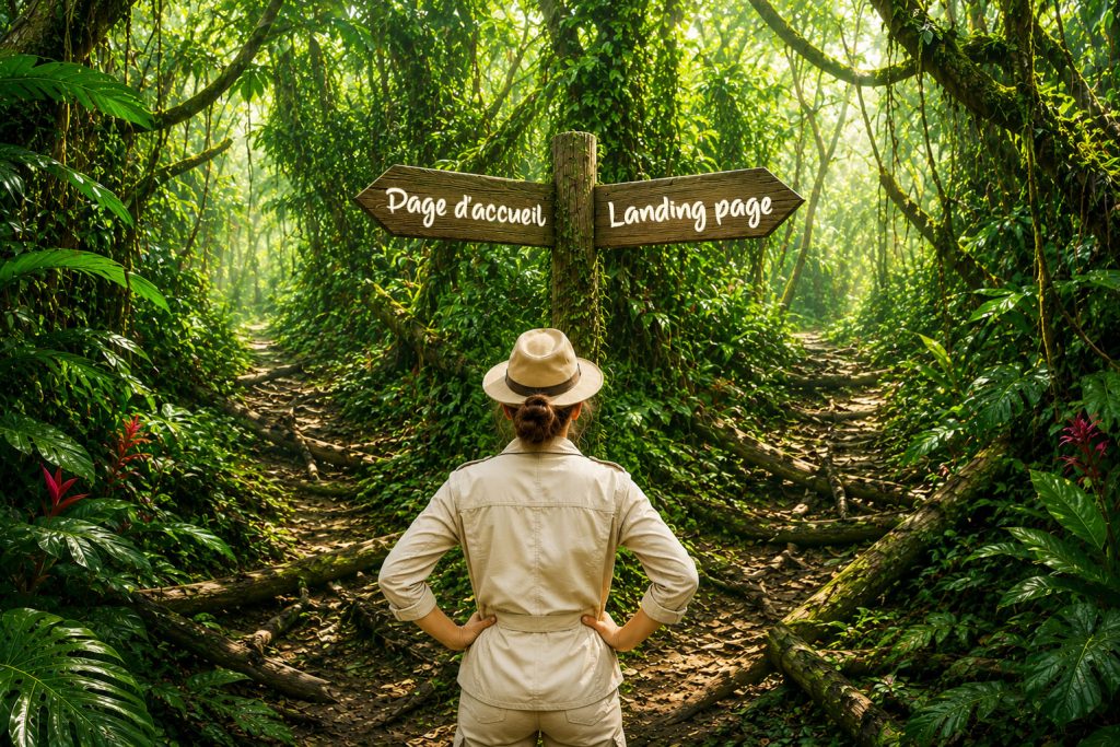 Illustration représentant une exploratrice dans une jungle face à deux chemins symbolisant le choix entre une page d’accueil et une landing page.