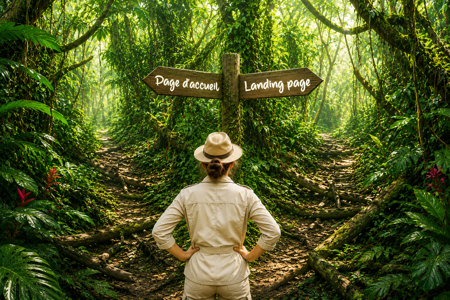 Illustration représentant une exploratrice dans une jungle face à deux chemins symbolisant le choix entre une page d’accueil et une landing page.