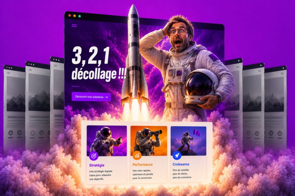 Illustration d’un chef d’entreprise en tenue d’astronaute devant une fusée au décollage symbolisant une présence digitale performante et différenciante.