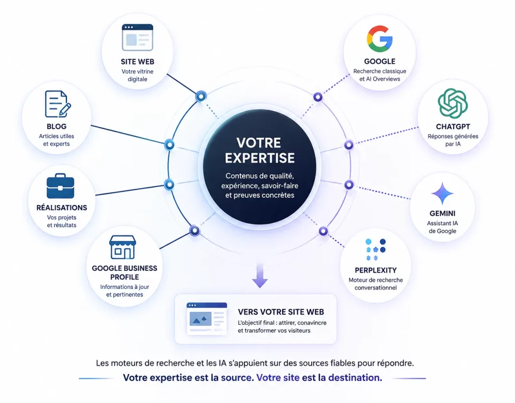 Infographie montrant comment le site web, le blog, les réalisations, Google Business Profile et les avis nourrissent la visibilité d’une entreprise sur Google, ChatGPT, Gemini et Perplexity.