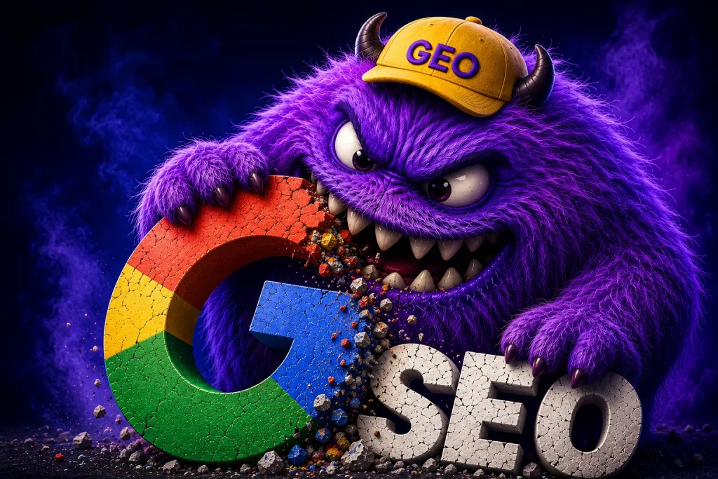 Monstre GEO dévorant une partie du SEO pour illustrer l'évolution du référencement naturel à l'ère des moteurs de recherche IA.