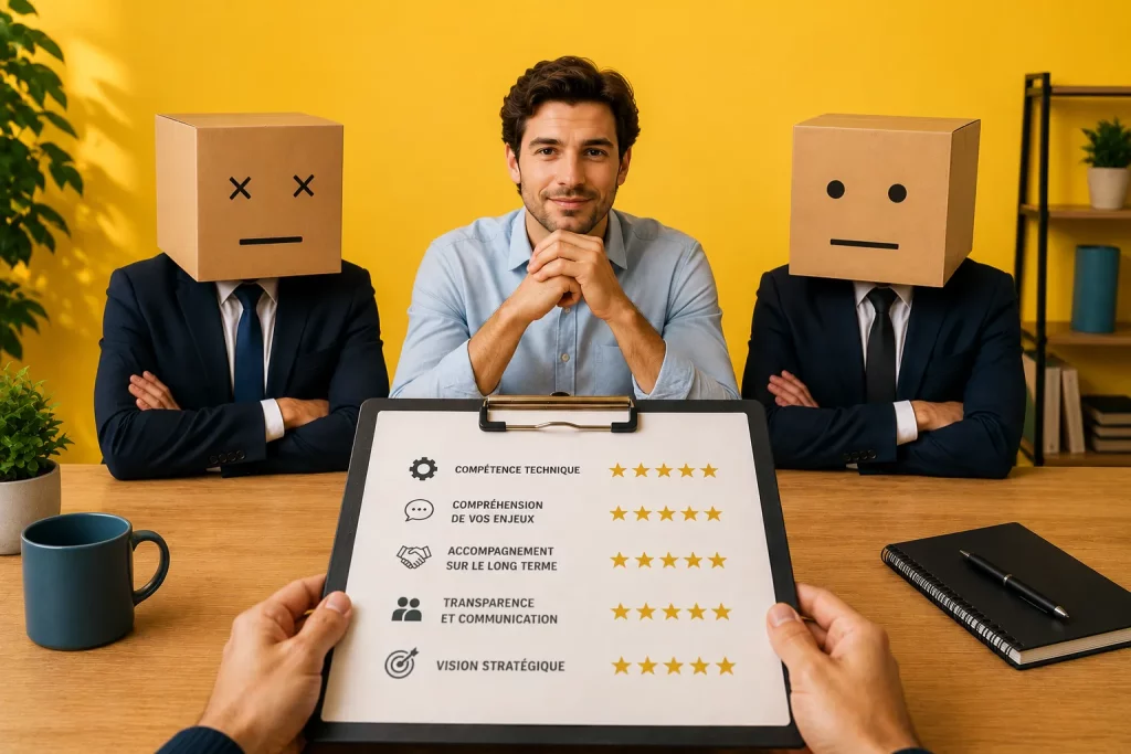 Dirigeant comparant plusieurs prestataires pour choisir le bon créateur de site internet.