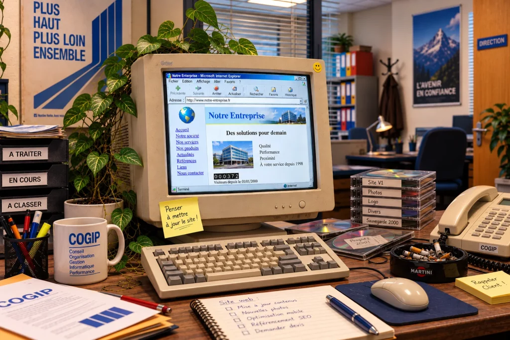 Ancien ordinateur affichant un site internet obsolète avant refonte