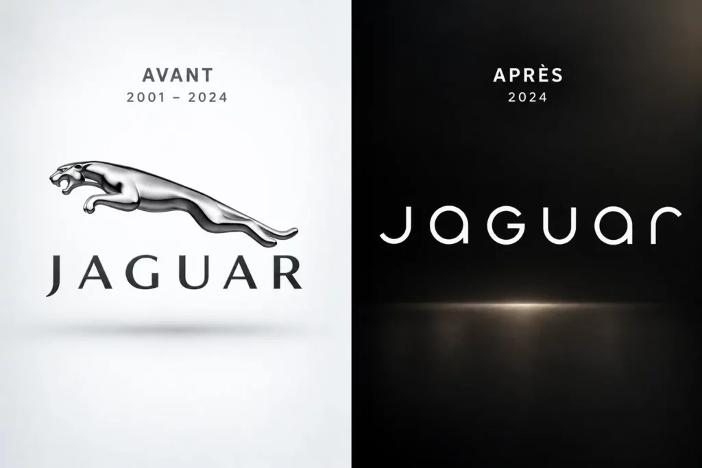 Ancien et nouveau logo Jaguar avant et après la refonte de 2024