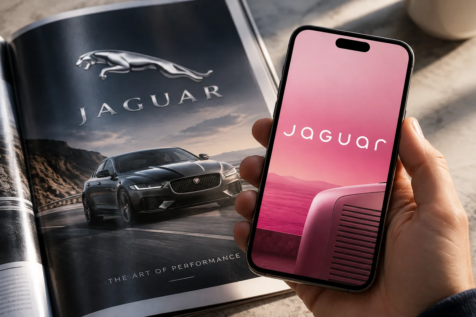 Smartphone affichant le nouveau logo Jaguar devant une publicité imprimée présentant l'ancien logo de la marque.