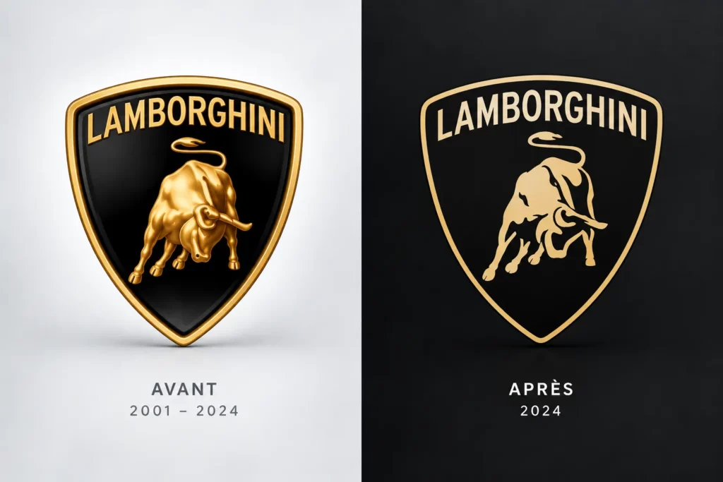 Ancien et nouveau logo Lamborghini avant et après la refonte de 2024