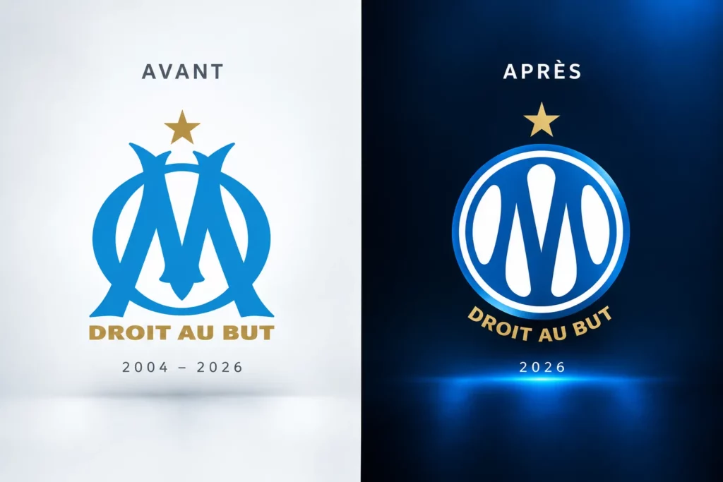 Ancien et nouveau logo de l’Olympique de Marseille avant et après la refonte de 2026