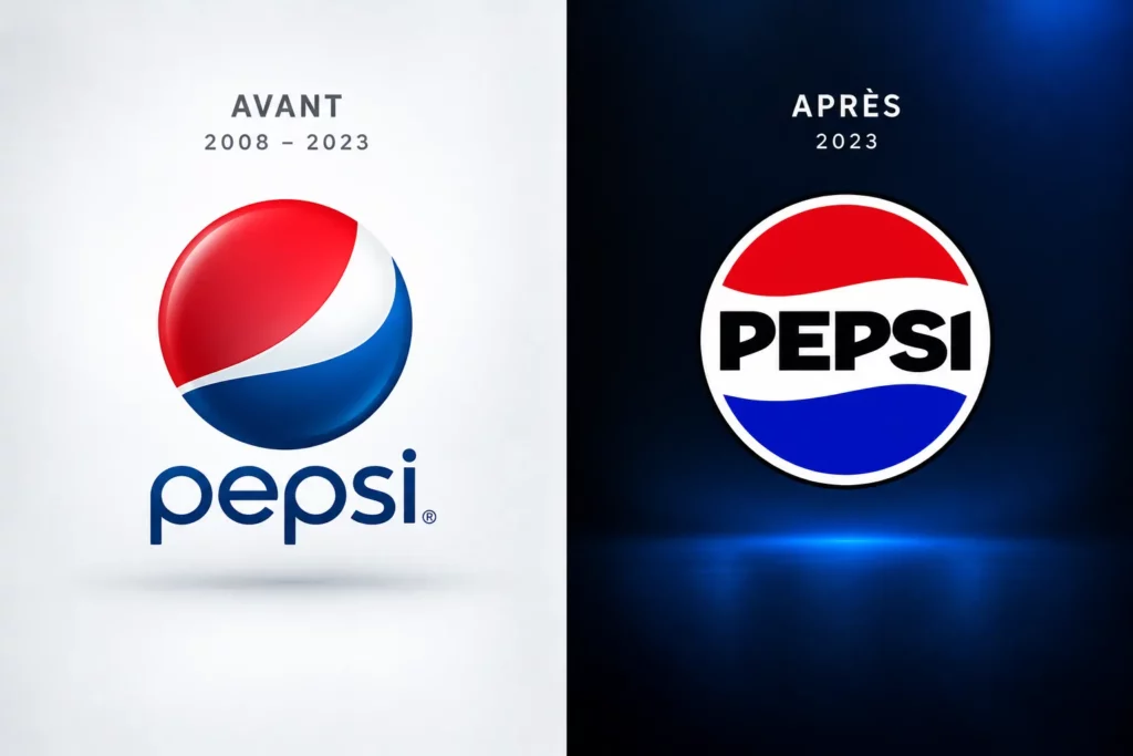 Ancien et nouveau logo Pepsi avant et après la refonte de 2023